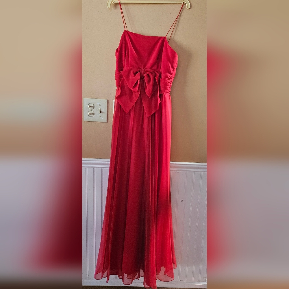 Vintage Red Chiffon Evening Gown with Overlay And Bow Detail Miss Elliotte